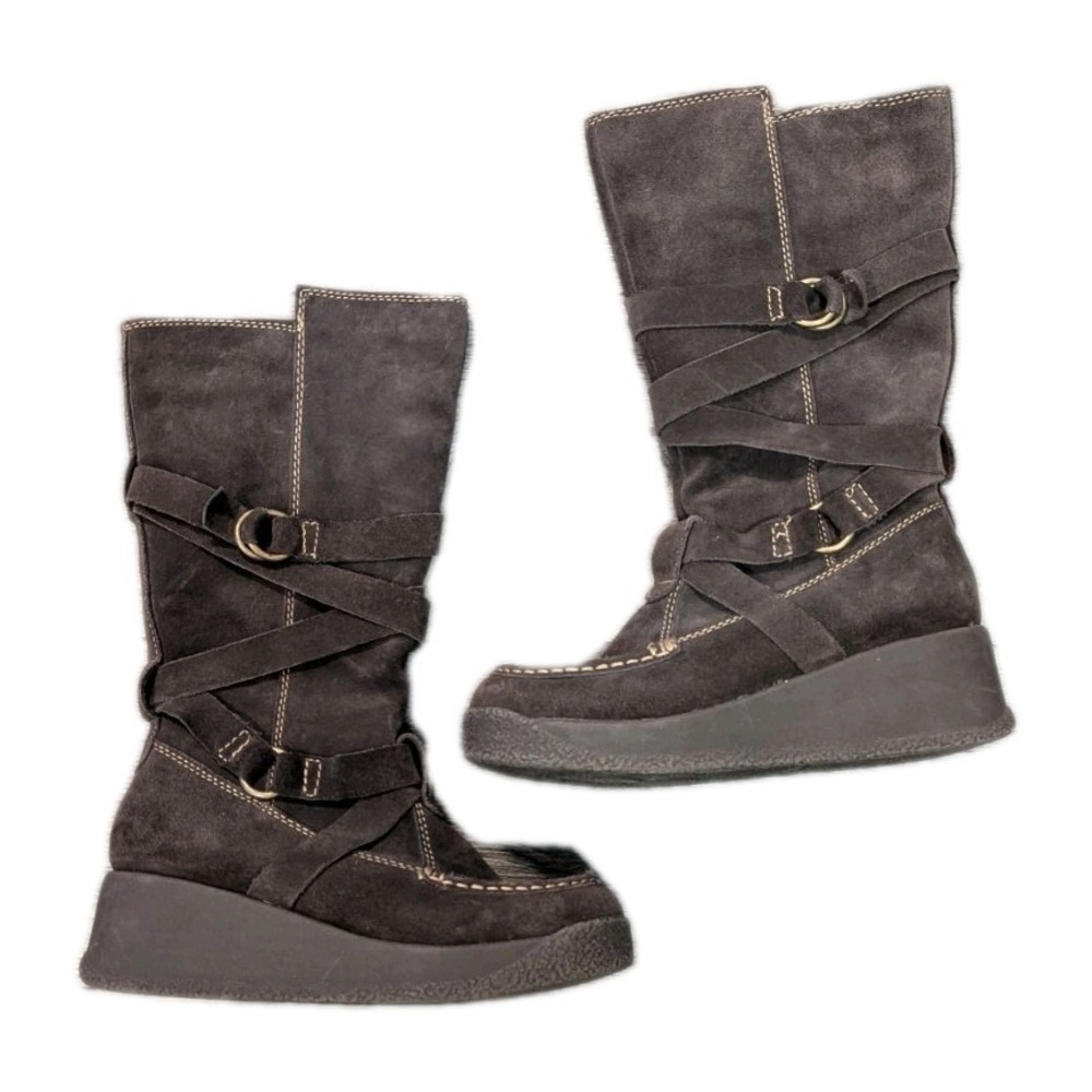 Vtg Aldo Women's 7.5 Suede Boots Brown Platform Snow‎ Bunny Y2k Buckle Straps